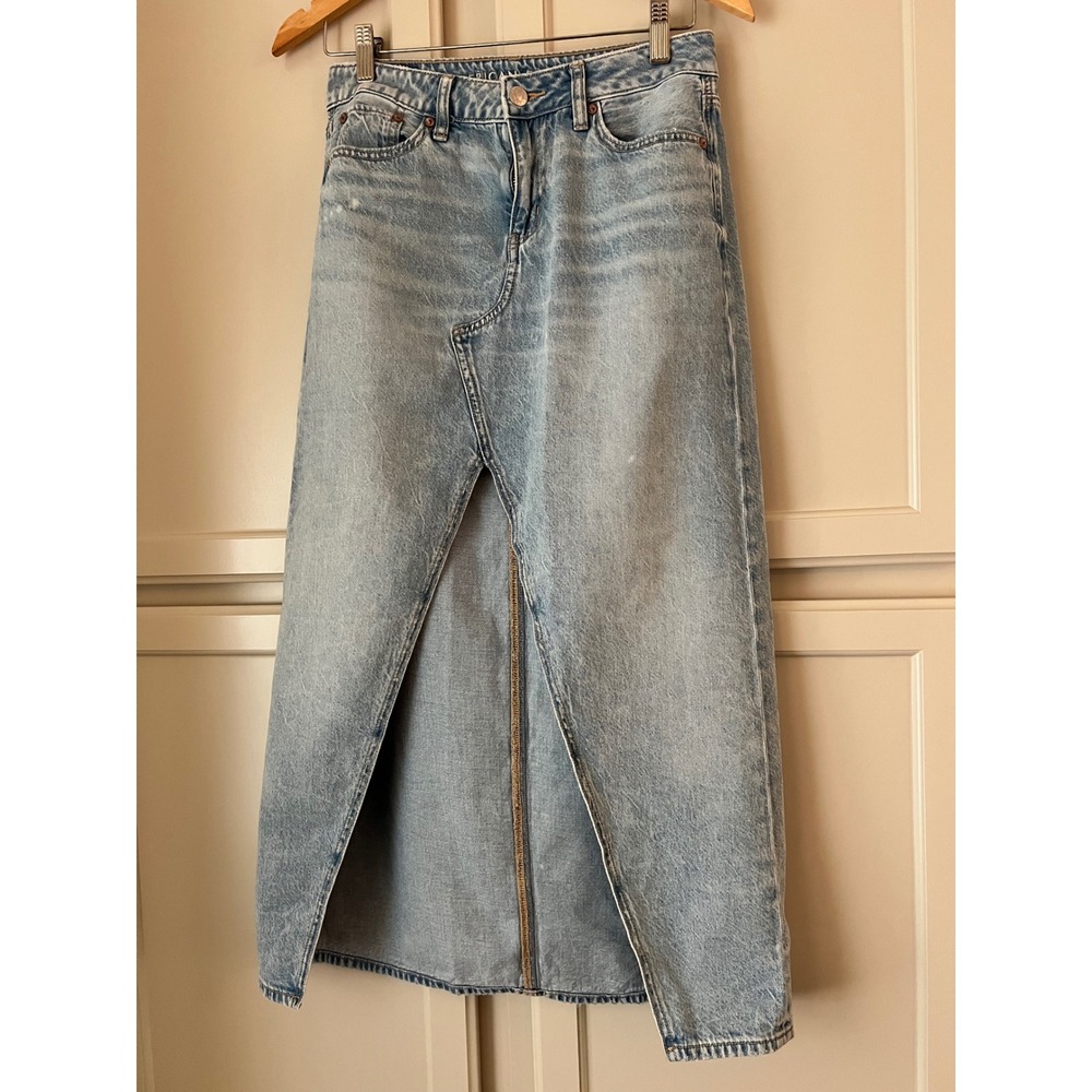 American Eagle Low Rise Maxi Denim Skirt Light Wash Blue‎ Front Slit Size 00